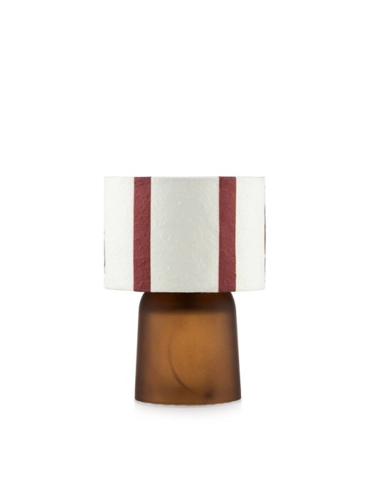 Lampada con paralume a strisce bianco e mar- rone e base marrone 13x20 cm
